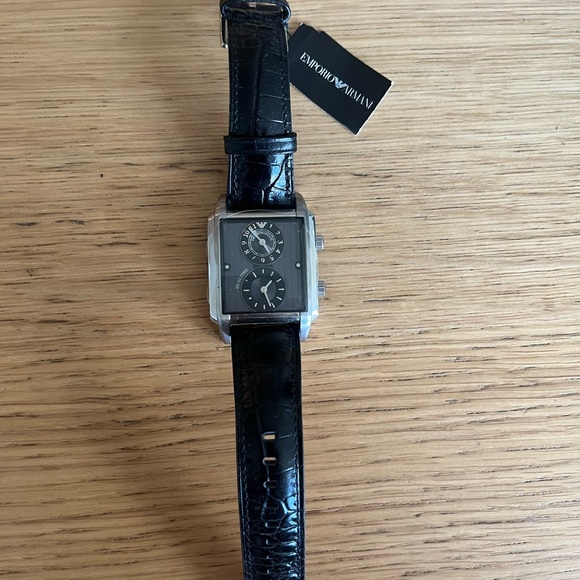 Emporio Armani Dual Dial Black Leather Watch - Picture 1 of 2